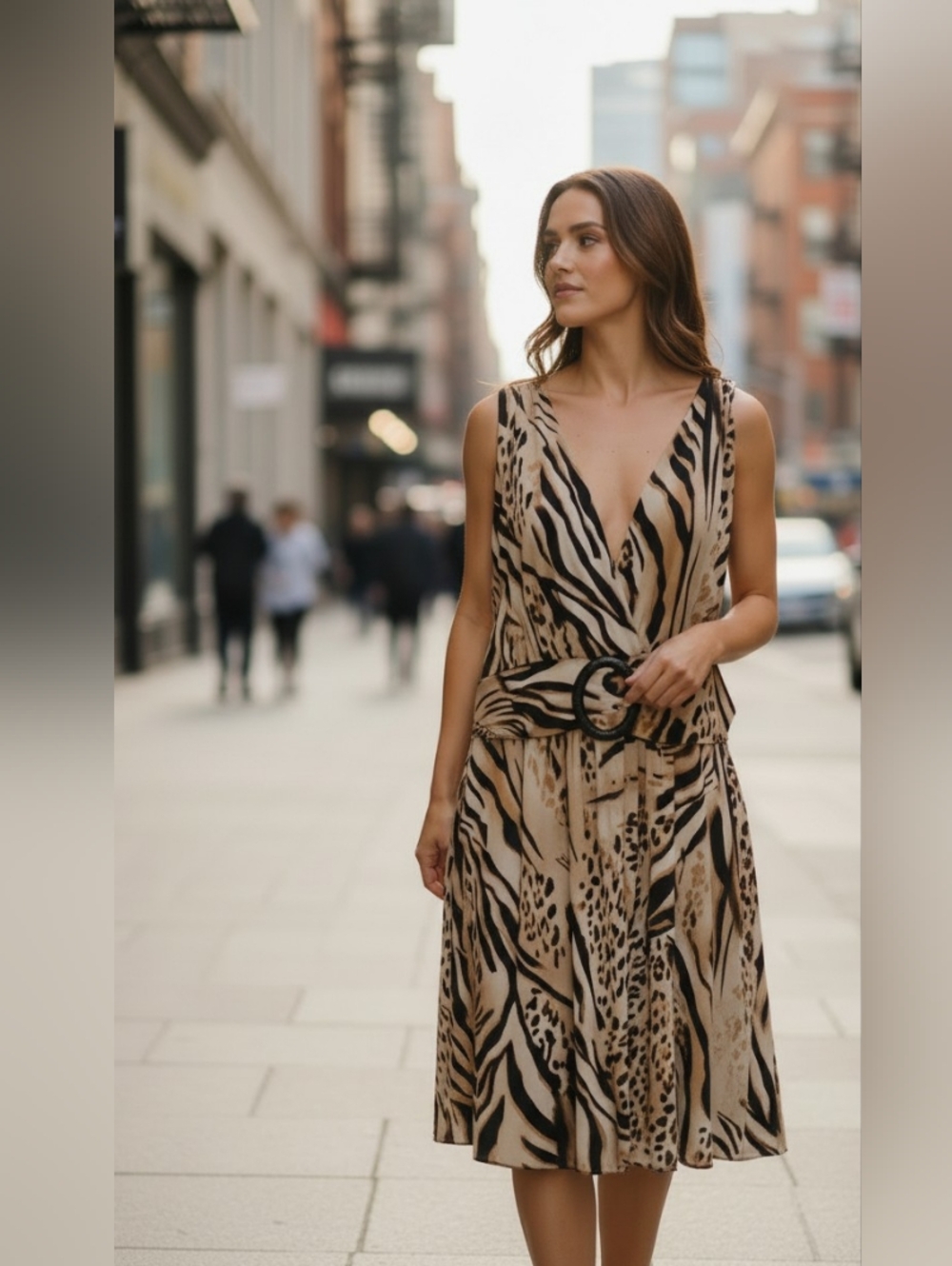 STAR VIXEN Animal Print V-Neck Belted Midi Dress - Beige & Black SIZE 2X